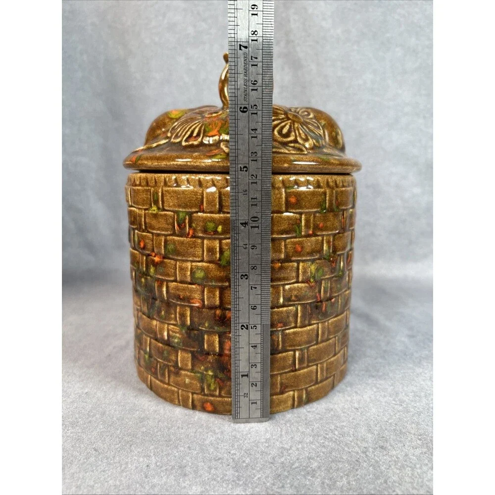 Basket Weave Flowers Grapes Peach Pear Fruit on Lid Ceramic Canister Dated 1974